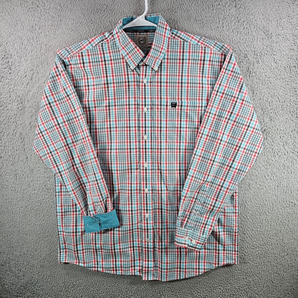 Cinch Mens Plaid Button Down Shirt Medium Red Blue White Long Sleeve Cotton